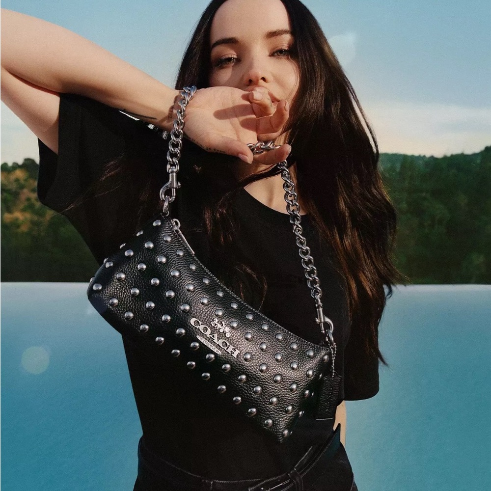 NWT COACH Charlotte Leather Shoulder Bag With Rivets Silver/Black Crossbody - Picture 7 of 9